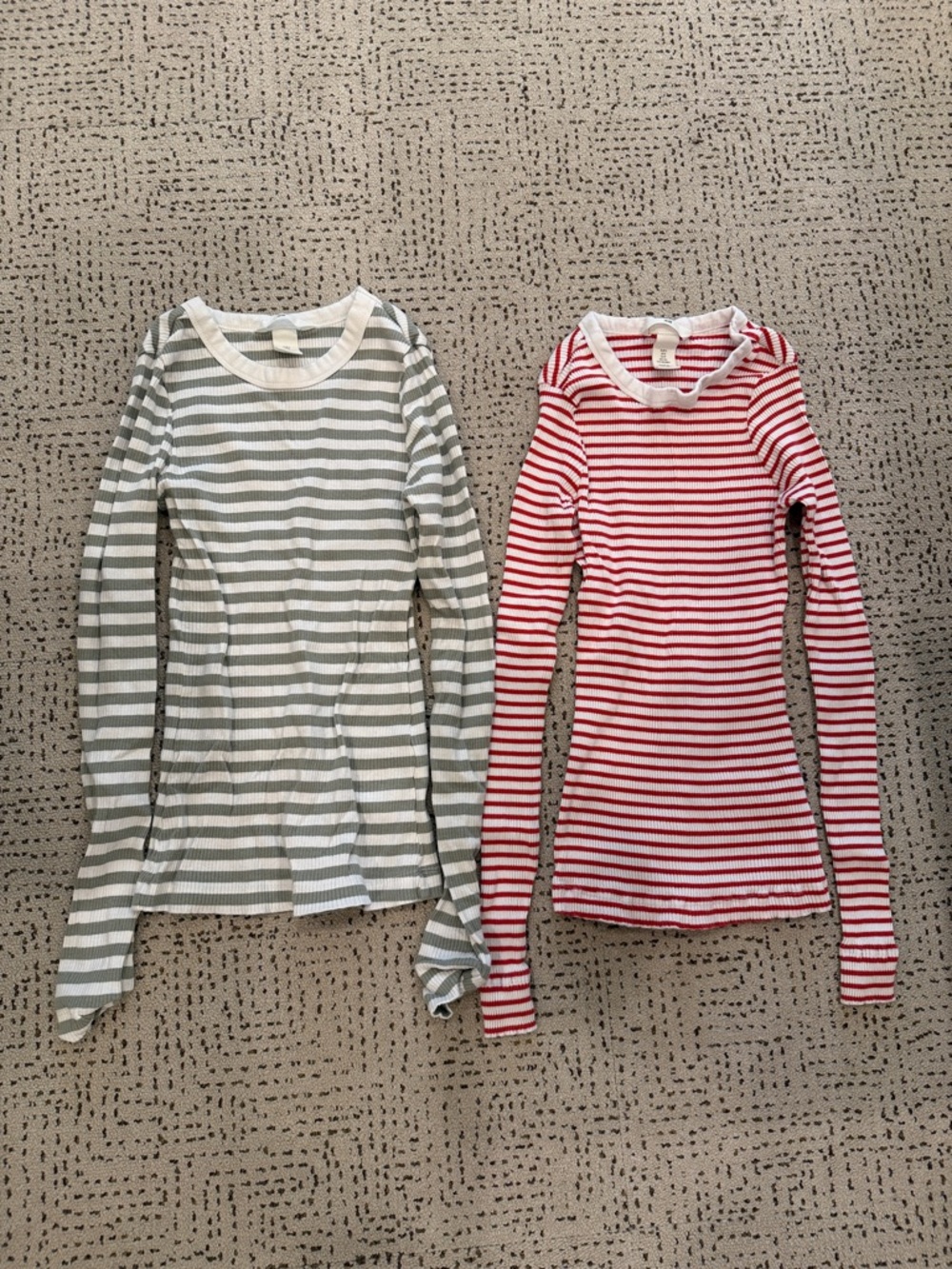 Two H&M Striped Long-Sleeve Tees in Red & Light Gray green